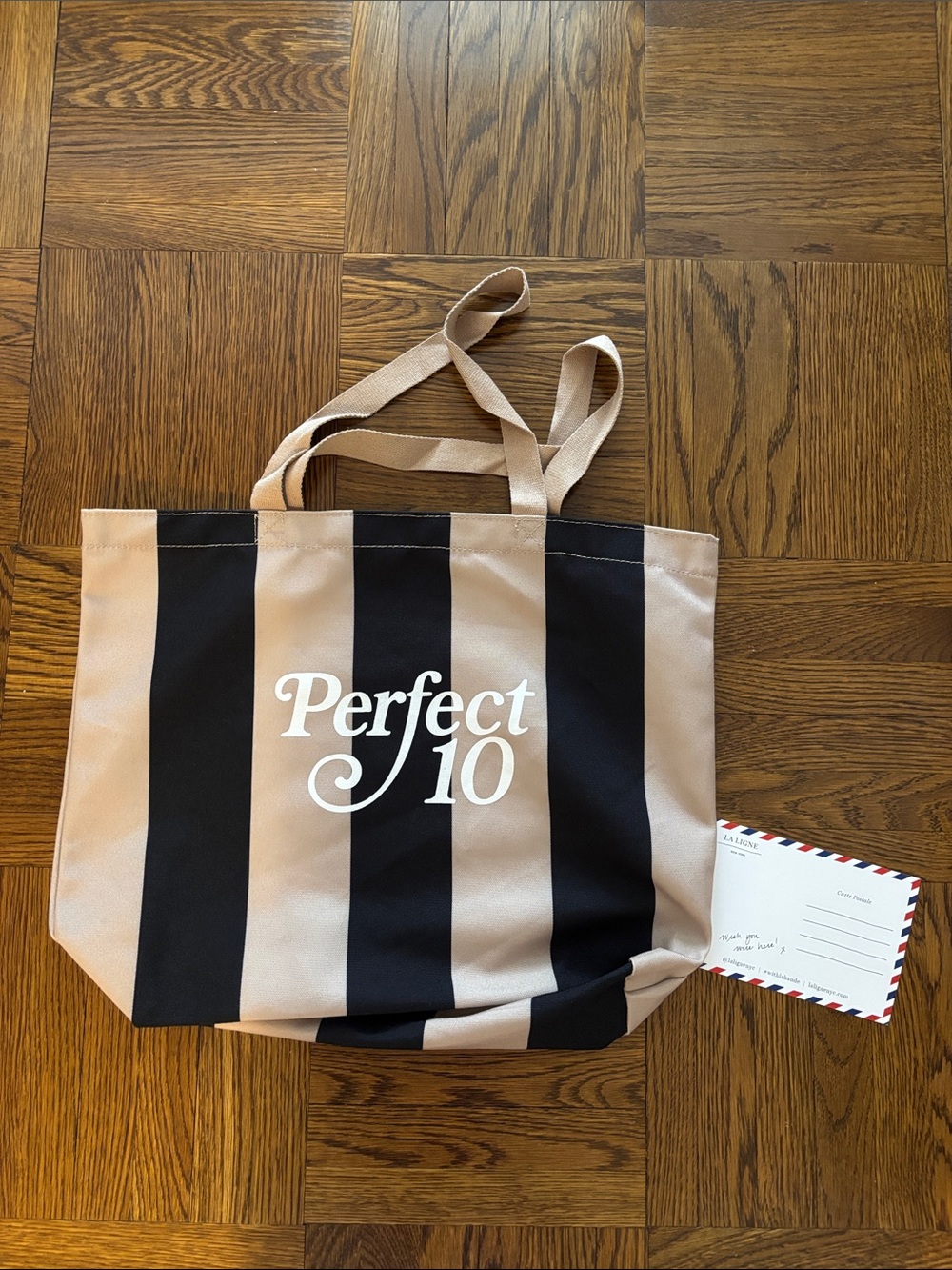 La Ligne Black & Beige Striped Canvas Tote with Logo - Picture 2 of 3